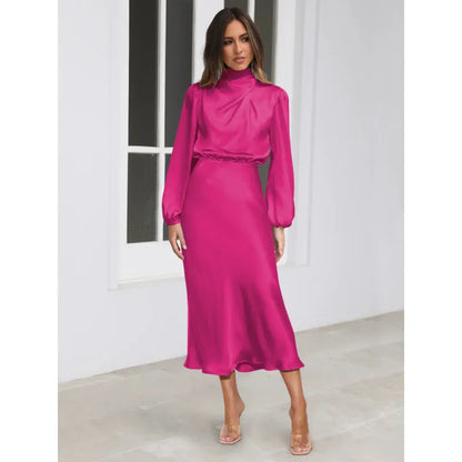 Étoile™ Satin Halter Evening Dress – Elegant Long Sleeve Formal Gown